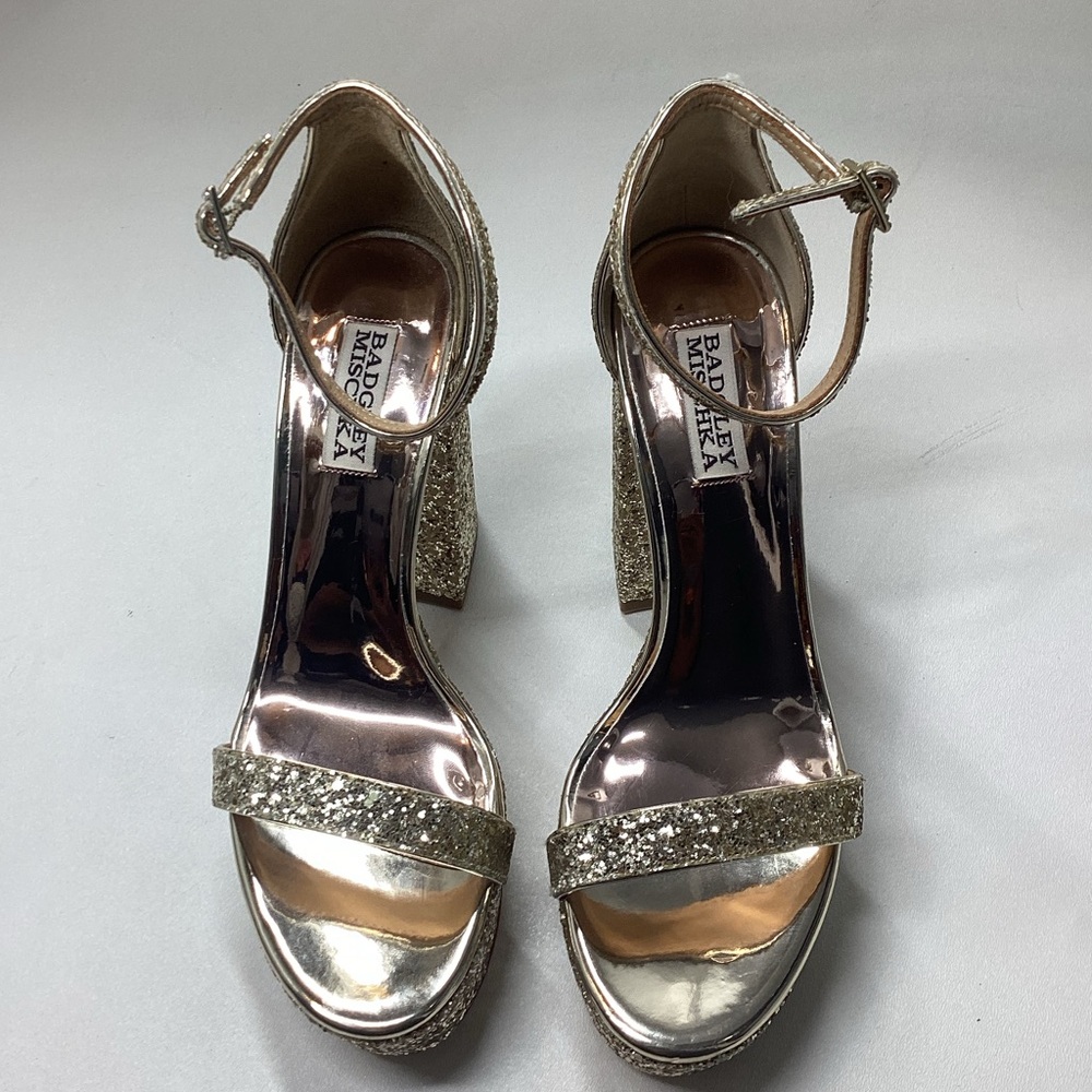 Badgley Mischka Party Platform Block Heel in‎ Gold Silver Glitter - Picture 2 of 16